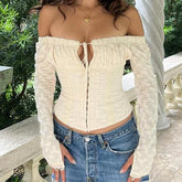 White Jacquard Front Hook Off Shoulder Long Sleeve Top