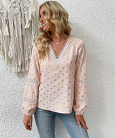 Gold Dot Print Lace Trim V neck Blouse