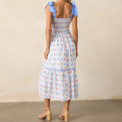 Effortless Printed Tiered Midi Dress - Square Neck with Tie Shoulder