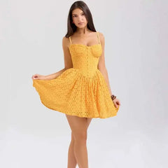 Yellow Jacquard Bustier Strap Mini Dress