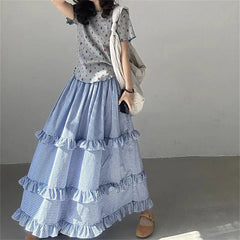 Blue Ruffles Plaid Long Skirt - Preppy A-Line