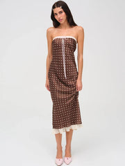 Brown Satin Polka Dot Strapless Midi Dress