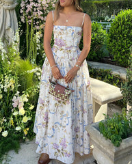 Strap Floral Printed Straight Neck Midi Dress