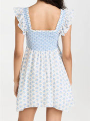 Blue Patchwork Printed Ruffle Strap Mini Dress