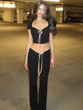 Black Ribbon Tie-Up Top And Pants Two Piece Set