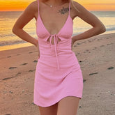 Solid Sleeveless Tie up V-Neck Mini Dress
