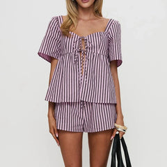 Purple Striped Print Short Sleeve Front Tied Tops And Shorts Set