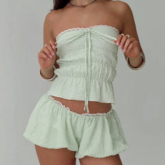 Green Bandeau Tube Top & Shorts Set - Casual Plaid