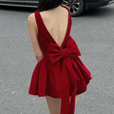 Red Backless V Cut Bow Mink Dress