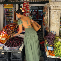 Green Open Back Short Sleeve Maxi Dress