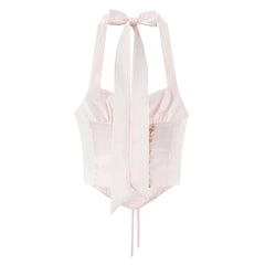 Pink Floral Embroidery Lace Up Halter Top