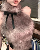Faux Fur High Collar Sleeveless Camisole Tank Top