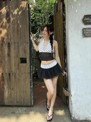 Polka Dot Patchwork Halter Crop Top And Mini Skirt Set