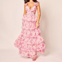 Floral Tiered Ruffles Maxi Dress - V-Neck A-Line