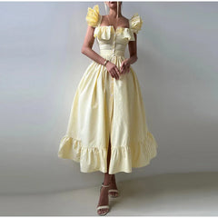 Ruffles Striped Square Collar Buttoned Long Dress