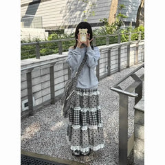 Black Plaid and Polka Dot Lace Patchwork Ruffles A-line Maxi Skirt - Casual Regular Fit