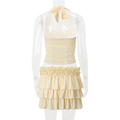 Ruffle Yellow Halter Crop Top And Mini Skirt Matching Set
