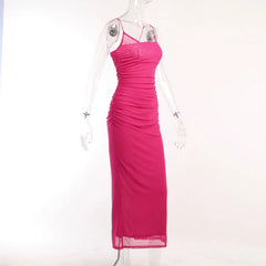 Mesh Pink Ruched Bodycon Strap Midi Dress