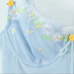 Blue Plaid Wire Bra Embroidery Mini Dress