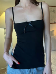Slim Front Satin Bowknot Patchwork Spaghetti Strap Mini Vest Side Split Streetwear Crop Top
