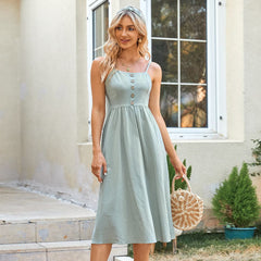 Solid Green Loose Waist A Shape Midi Dress