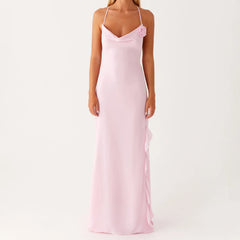 Pink Cowl 3D Flower Maxi Dress