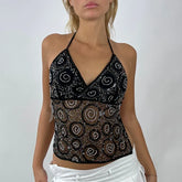 Sparkly V Neck Tie Back Sheer Crop Top