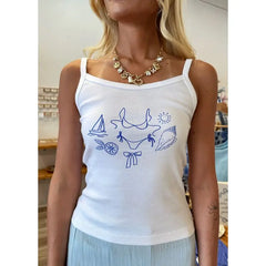 White Beach Print Tank Top - Casual Cami