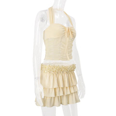 Ruffle Yellow Halter Crop Top And Mini Skirt Matching Set