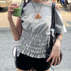 Ruched Drawstring Letter Print Grey Graphic Tee