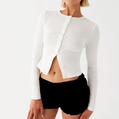 Ribbed Button Long Sleeve Top - Y2K Aesthetic