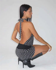 Black Polka Dot Mini Dress �Open Back Tie Up Halter