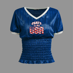 Party in USA Letter Graphic Ruched T-shirt - Casual Regular Fit