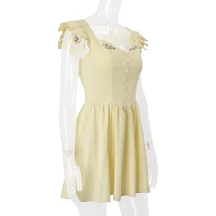 Yellow Floral Embroidery Flare Sleeve Mini Dress