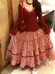 Red Strawberry Print Tassel Long Skirt - Sweet Ball Gown A-Line