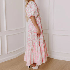 Pink Floral Patchwork Smocked Square Neck Short Puff Sleeve Maxi Dress