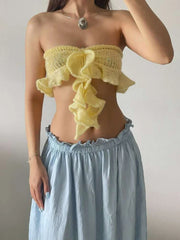 Yellow Crochet Ruffles Halter Crop Top