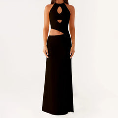 Cutout Solid Long Dress - Halter Neck A-Line
