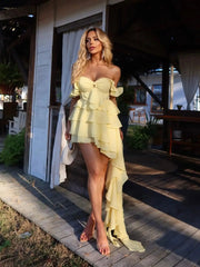 Yellow Ruffle Off Shoulder Layered Mini Dress