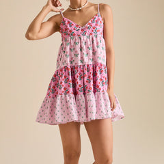 Pink Printed Patchwork Cami Mini Dress