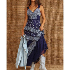 Blue Floral Print Ruffled Maxi Dress