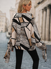 Leopard Print V neck Cuff Tie Blouse