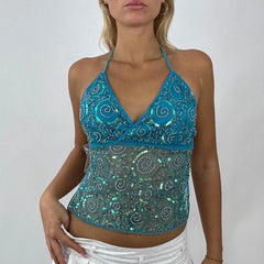 Sparkly V Neck Tie Back Sheer Crop Top