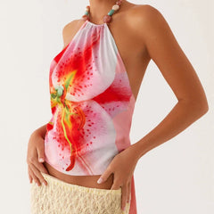 Floral Printed Halter Backless Tie Up Top