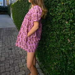 Floral Print Smocked Square Neck Short Puff Sleeve Mini Dress