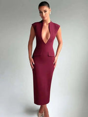 Deep Neck Short Sleeve Solid Midi Dress