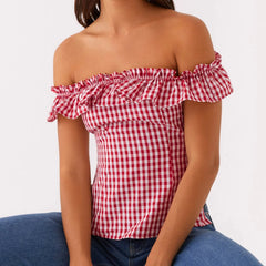 Red Plaid Off Shoulder Ruffles Top