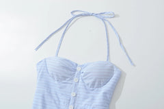 Blue Striped Padded Corset Bow Halter Mini Dress