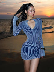 Striped Knitted Cut Out Long Sleeve Mini Dress