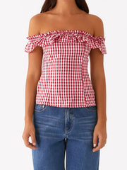 Red Plaid Off Shoulder Ruffles Top